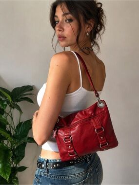 Red Faux Leather Y2K Shoulder Bag Silver Ring Hardware Purse